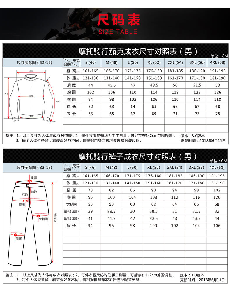 摩托車騎行(xíng)啥上(shàng)衣夾克尺寸表