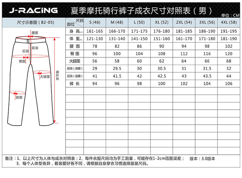 騎行(xíng)褲尺寸表